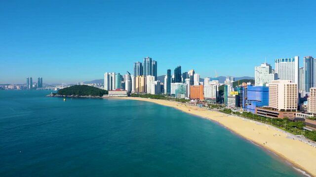 "BUSAN, KOREA, OCTOBER 30, 2019: Aerial view of Dongbaek park and Haeundae Beach in republic of Korea"