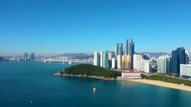 "BUSAN, KOREA, OCTOBER 30, 2019: Aerial view of Dongbaek park and Haeundae Beach in republic of Korea"