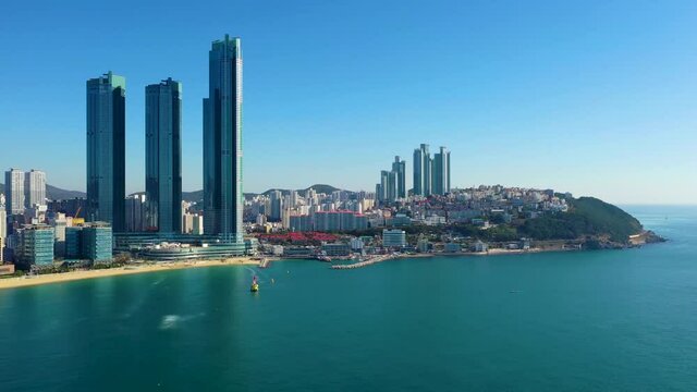 "BUSAN, KOREA, OCTOBER 30, 2019: Aerial view of Dongbaek park and Haeundae Beach in republic of Korea"