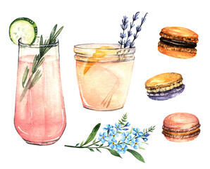 Watercolor illustration. Sweet summer, lemonade, macarons, handmade, set