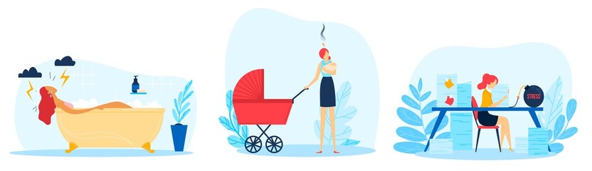 Work burnout stress, business work, office desk writing, girl fatigue concept, design, cartoon style vector illustration.