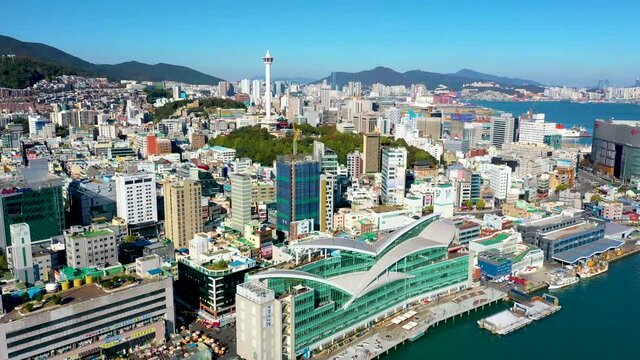 "BUSAN, KOREA, OCTOBER 30, 2019: Aerial view of landscape of Busan with Busan tower and Jagalchi fish market, Republic of Korea"