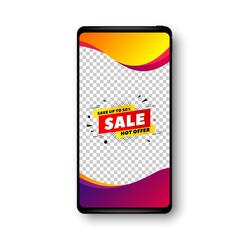 Sale 50 percent off banner. Phone mockup vector banner. Discount sticker shape. Hot offer icon. Social story post template. Sale 50 badge. Cell phone frame. Liquid modern background. Vector
