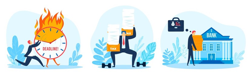 Work burnout stress, tax overwhelming, office deadline, employee job frustration, design, cartoon style vector illustration.