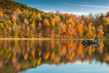 reflection of vibrant colorful peak autumn foliage of trees in the  serene Lake Habeeb in Rocky Gap...