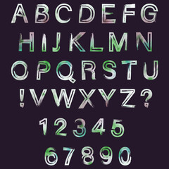 Raster set with the effect of aging and scuffs on a dark background. Capital letters of the Latin alphabet, exclamation, question marks and numbers: 1, 2, 3, 4, 5, 6, 7, 8, 9, 0.