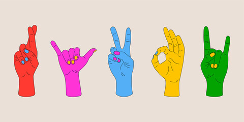 Abstract hand gestures. Set of colorful arms with fingers showing signs. Human wrists in vibrant colors. Vector art