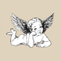 Cute engraving of a winged angel-dreamer.