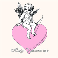 Cupid sits on the heart, engraving.