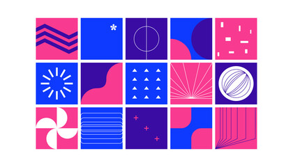 Abstract brutalism shapes. Colored geometric objects in futuristic style. Computer graphic, blue and pink vector set