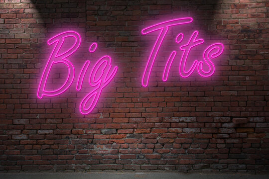 Neon Big Tits lettering on Brick Wall at night