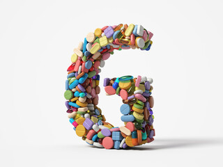 different pills stack in shape of letter G. suitable for medicine, healthcare and science themes. 3D illustration, isolated on white background