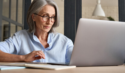 Mature adult 60s aged woman working at laptop watching video conference webinar training, virtual...