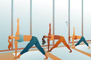 Girls at a joint yoga class in the gym. Pilates, sports, stretching, plastic figures of women. Bright gym, sport concept. A gift certificate for yoga.