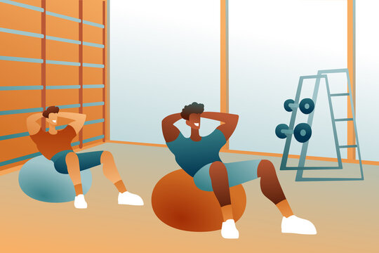 Men on a sports equipment pump the press in the gym. Characters on big balls, joint training, working out the muscles of the body. A gift card to the gym.