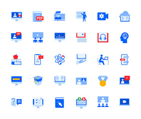 Video call and online meeting icons set for personal and business use. Vector illustration icons for graphic and web design, app development, marketing material and business presentation. 