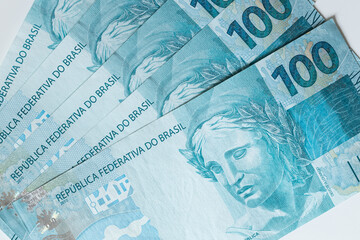 currency of Brazil, 100 Reais banknotes, Close up