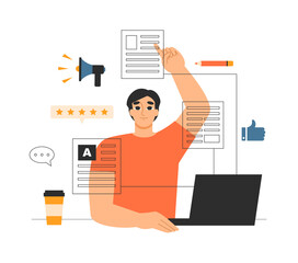 Content marketing concept. Copywriter, marketer or blogger creating article, post, publication online on a laptop. CMS, content management system. Website promotion. Isolated flat vector illustration
