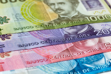 Chile currency, pesos, various banknotes, close up