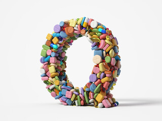 different pills stack in shape of letter Q. suitable for medicine, healthcare and science themes. 3D illustration, isolated on white background