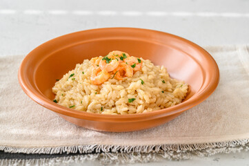 Portion of risotto with prawn