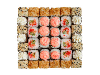 Big sushi set isolated on white background. Top view on traditional asian rolls with seafood. High quality bright food photo