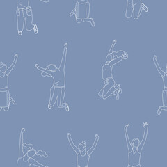 Seamless pattern with line art jumping girls in business clothes, with hands up.