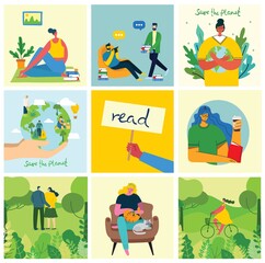 Set of people, men and women with different signs. Vector graphic objects for collages and illustrations.