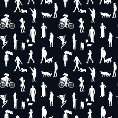 Black and white monochrome seamless pattern with silhouettes of many walking and standing people in summer clothes. On white background.