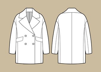 Oversize coat technical fashion illustration with long dropped sleeves, double breasted, oversized body, knee length.