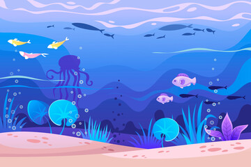 Underwater cartoon landscape. The bottom of the sea. Fish, plants, jellyfish. Vector horizontal illustration. Children's environment. Backdrop template for poster, banner, brochure, flyer - 427314569