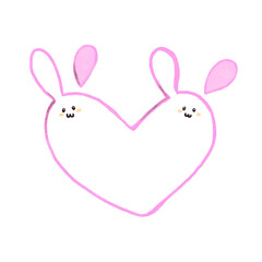 pink frame in the form of a heart of two rabbits in cartoon style isolated on a white background, sweets, Easter, animals, valentine's day, love, holidays, for prints, decoration, design, postcards