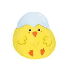 round yellow chicken with a blue shell hat on its head in cartoon style isolated on a white background, animals, birds, Easter, holidays, for prints, decoration, design, decor, postcards