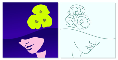 Trendy abstract background. The head of a woman in a hat decorated with flowers. Pastel colorful pattern. Editable mask. Template for your design works. Vector illustration.