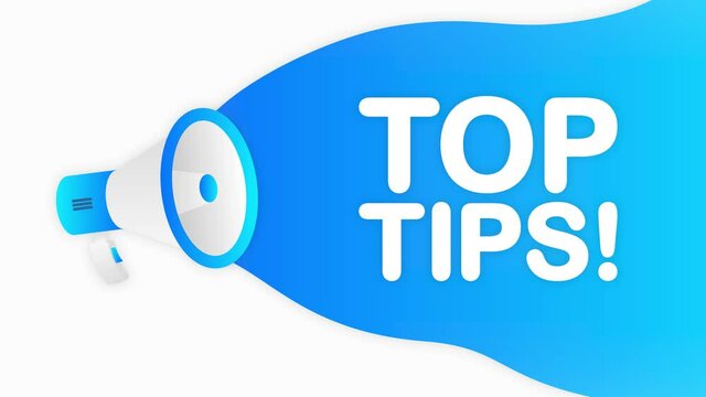 Megaphone TOP TIPS countdown template with blue objects on white background. Motion graphic.