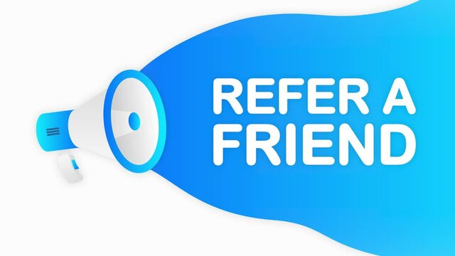Megaphone REFER A FRIEND countdown template with blue objects on white background. Motion graphic.