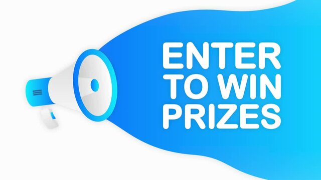 Megaphone ENTER TO WIN PRIZES countdown template with blue objects on white background. Motion graphic.