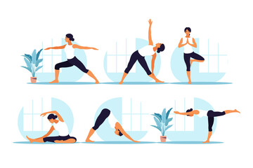 Young woman practices yoga. Physical and spiritual practice. Set. Vector illustration in flat cartoon style.