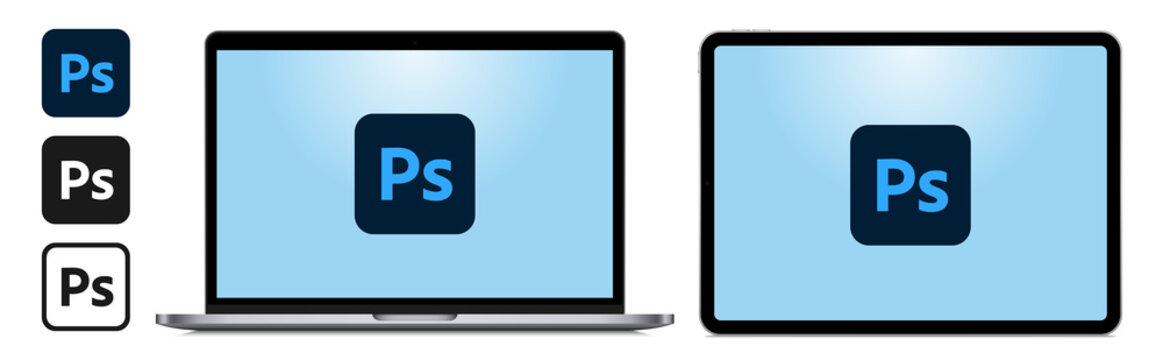 Adobe Photoshop logo on laptop computer and tablet screen. Isolated Photoshop App logos on devices on white background. Realistic mockup design. Vector illustration.