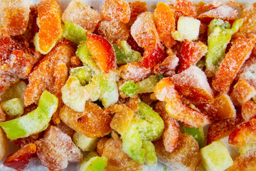 Vegetable mixture lecho quick-frozen consisting of tomatoes, onions, sweet peppers, zucchini and carrots, useful products vitamins.