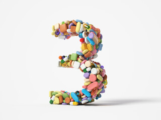 different pills stack in shape of number 3. suitable for medicine, healthcare and science themes. 3D illustration, isolated on white background
