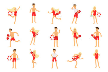 Beach-rescue Man and Woman Character Performing Their Duties Vector Set