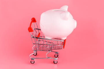 Piggy Bank with a shopping cart on a pink background. Online business shopping concept