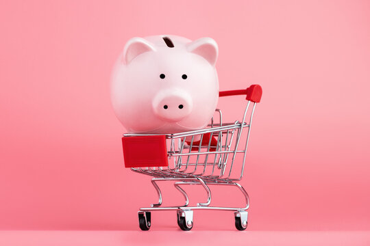 Pink piggy Bank with a shopping cart stands on a pink background. Online business shopping concept
