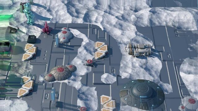 Fake Sci-Fi RPG video game gameplay. Battle with spaceships and robots render 3d
