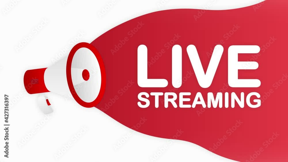 Poster megaphone live streaming countdown template with red objects on white background. motion graphic.