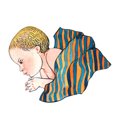 A baby slleping - small new born child with striped blanket. Cute illustration about motherhood. Isolated element on white background. Watercolor illustration.