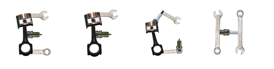 The letters E, F, G, H are made from car parts