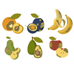 Rotten fruits set. Spoiled apricot, plum, banana, pear, avocado and apple. Isolated icons