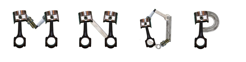 The letters M, N, O, P are made from car parts